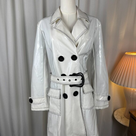 VTG Y2K White Glossy PVC Vinyl Style Faux Patent Buckled Trench Coat sz Large - Picture 10 of 11